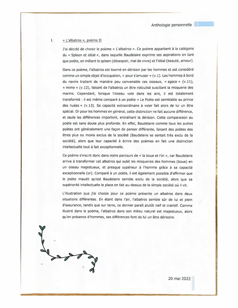 FLEURS
DU
MAL
Anthologie personnelle
EMMA MELO 18 I.
Anthologie personnelle
« L'albatros »>, poème II
J'ai décidé de choisir le poème « L'al