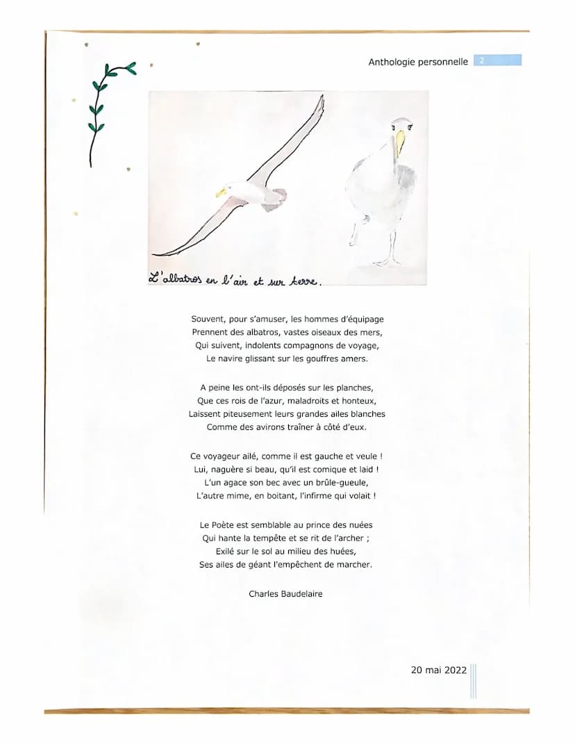 FLEURS
DU
MAL
Anthologie personnelle
EMMA MELO 18 I.
Anthologie personnelle
« L'albatros »>, poème II
J'ai décidé de choisir le poème « L'al
