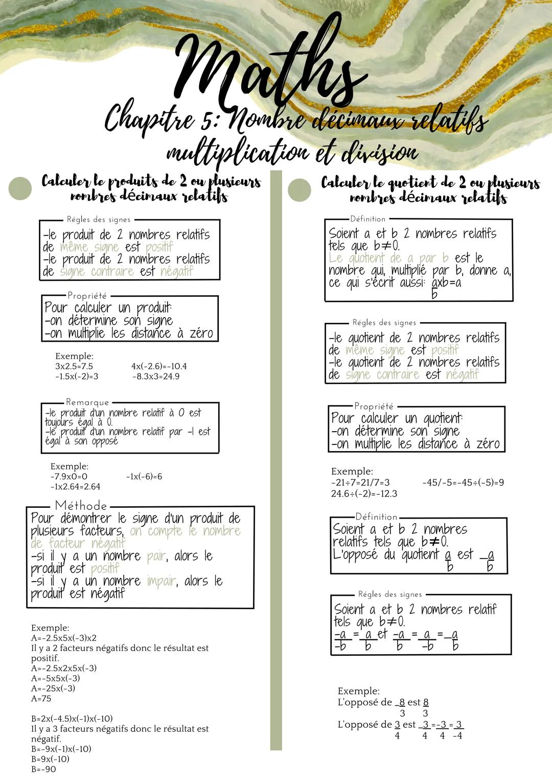 Calculer le produits de 2 ou plusieurs
nombres décimaux relatifs
Régles des signes
-le produit de 2 nombres relatifs
de même signe est posit