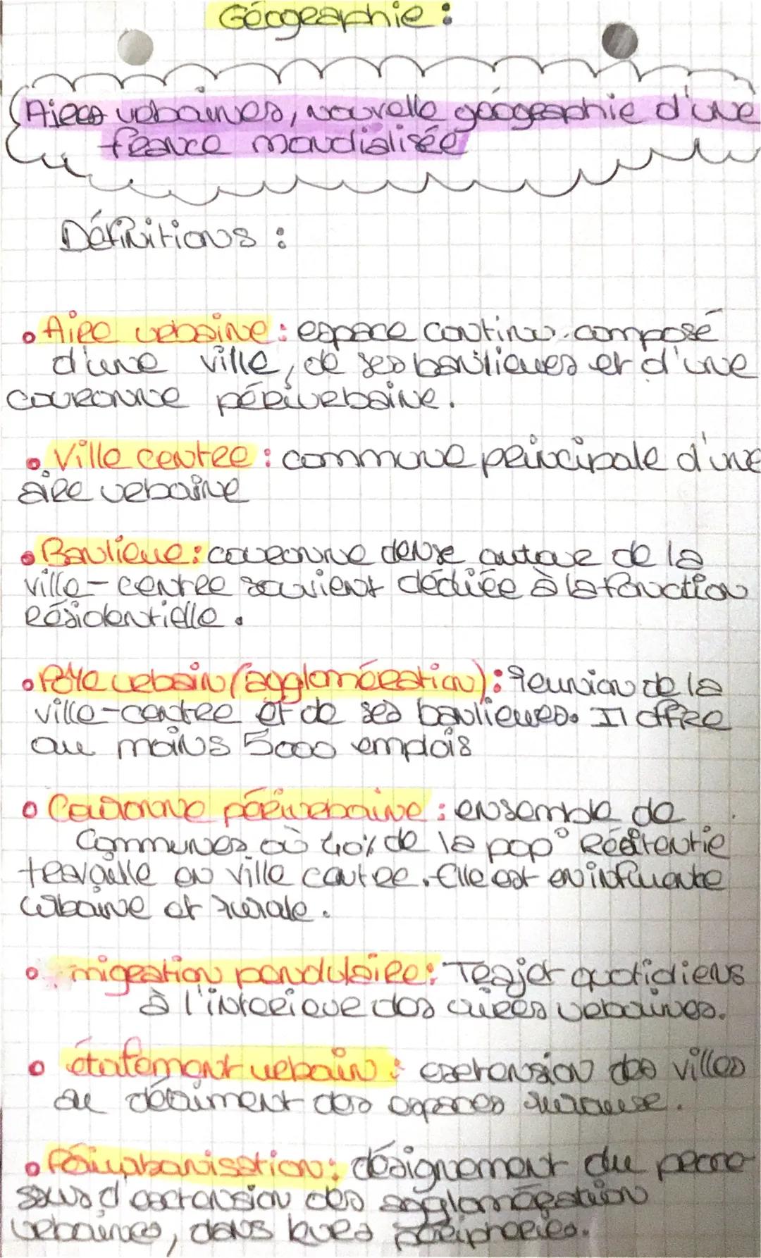 Géographie:
Ajees vobaines, Nouvelle goographie d'ove
france mondialisée
Définitions:
。 AiRe upbaine: espace continu. compose
d'une ville de