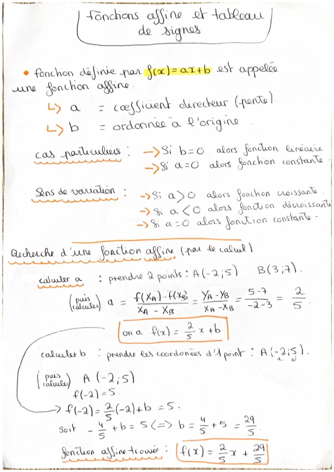 # Fonctions affine et tableau.
de signes

*   fonchion définie par $f(x)=ax+b$ est appelée
une fonction affine.

$a$ = coefficient directeur