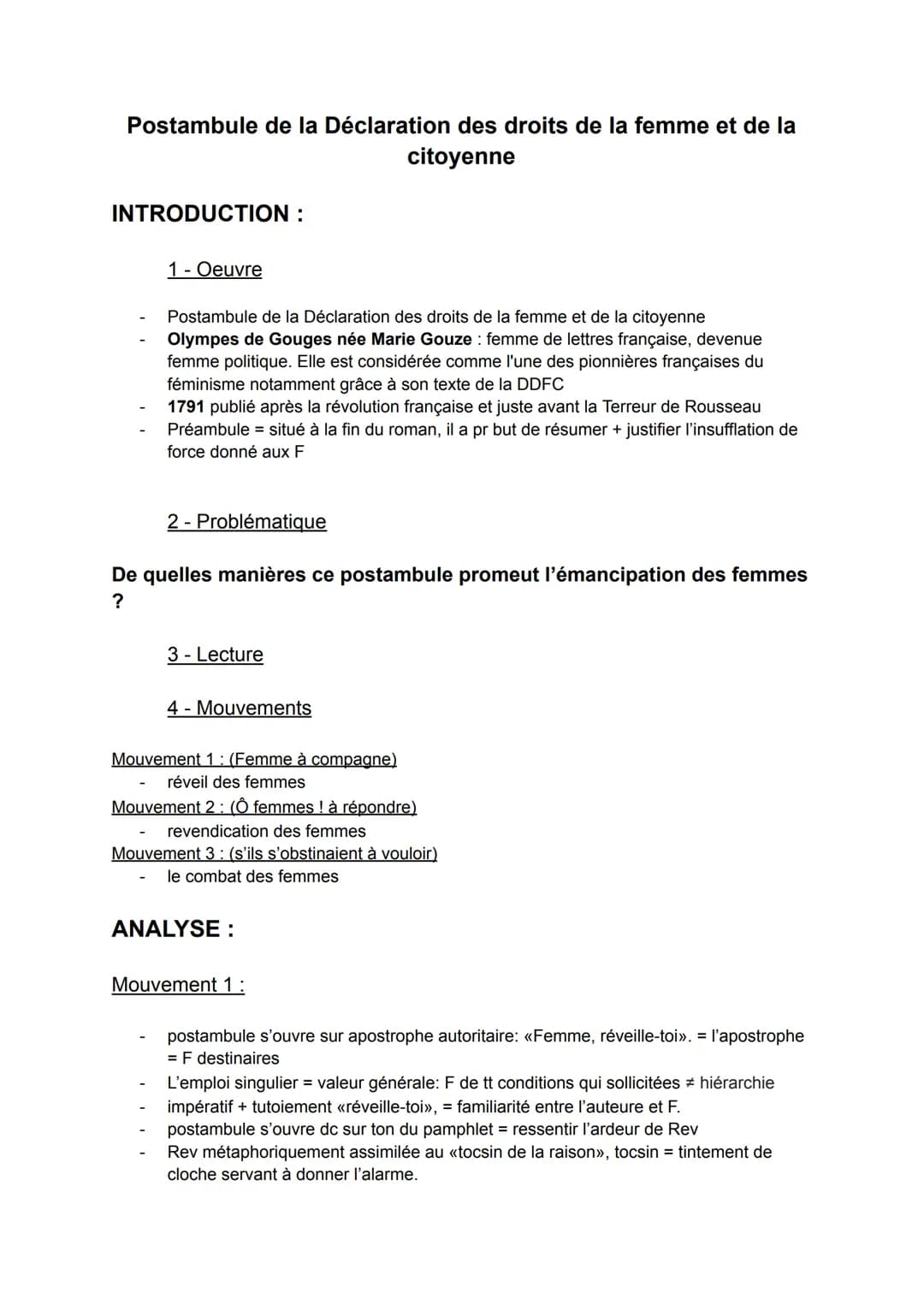 Postambule de la Déclaration des droits de la femme et de la
citoyenne
INTRODUCTION :
1 - Oeuvre
Postambule de la Déclaration des droits de 