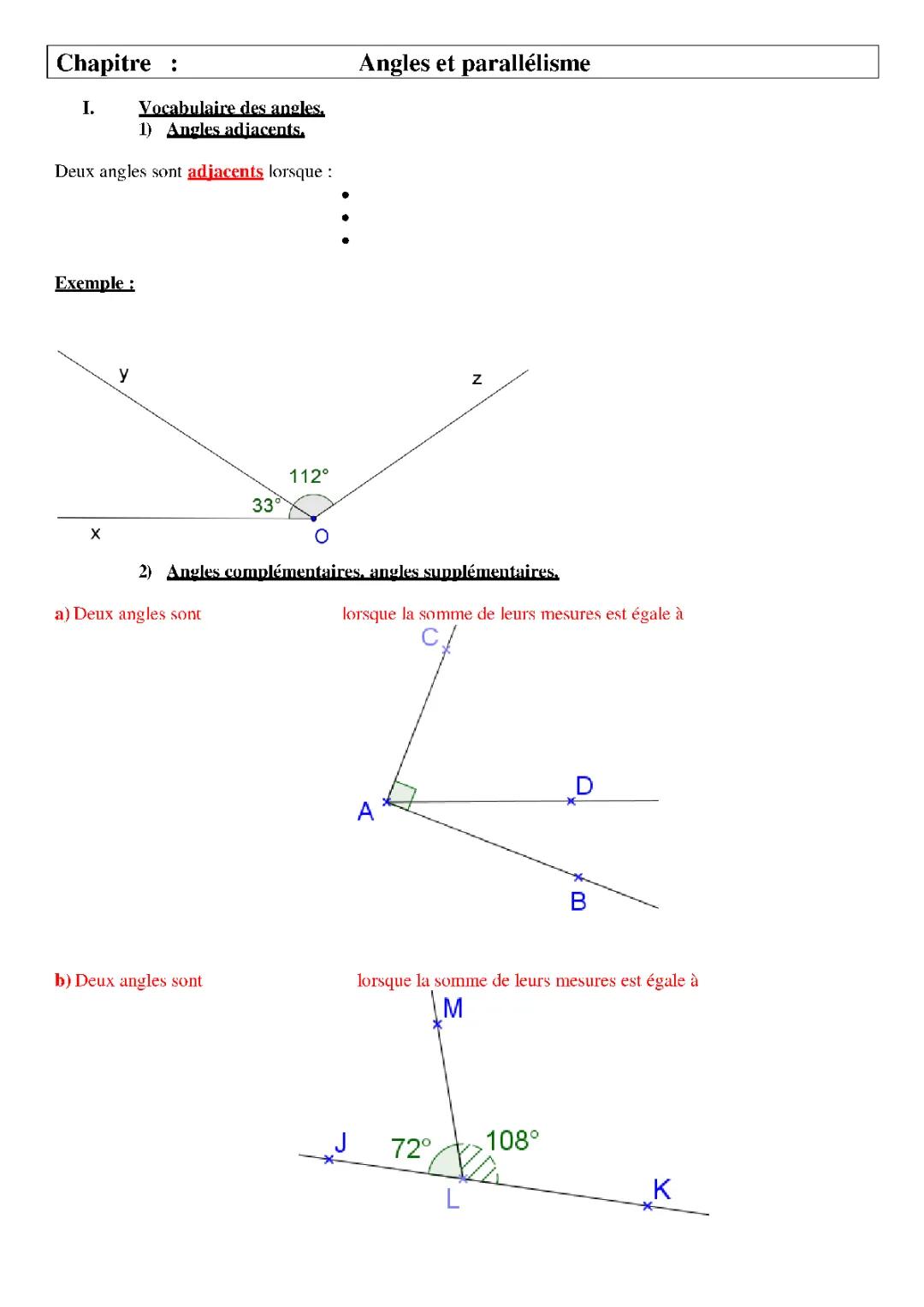 Comprendre les angles : Angles adjacents, parallélisme et vocabulaire géométrique