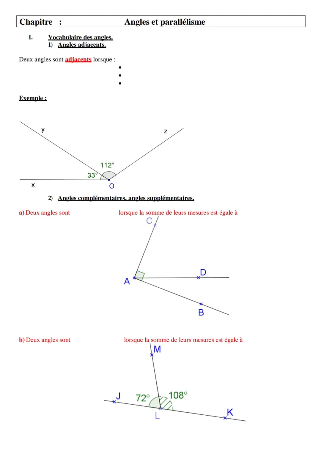 Chapitre :
I.
Deux angles sont adjacents lorsque :
Exemple:
X
Vocabulaire des angles.
1) Angles adiacents.
y
a) Deux angles sont
33°
b) Deux