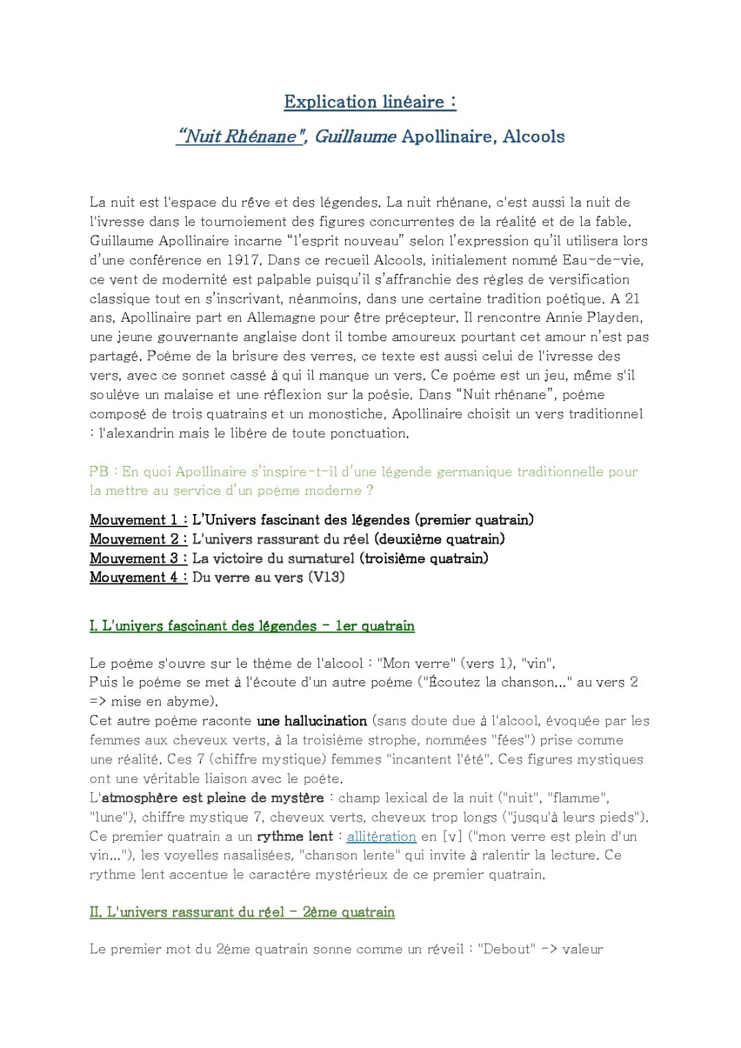 Nuit Rhénane, Guillaume Apollinaire, explication linéaire compléte 