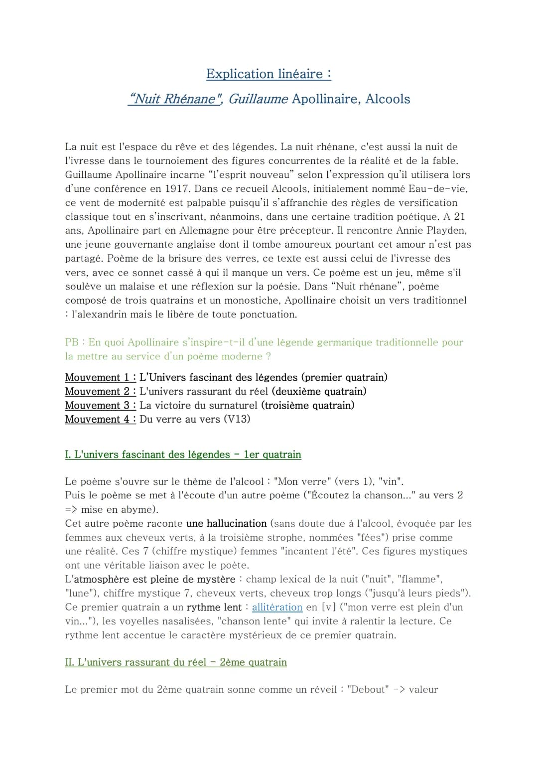 Explication linéaire :
"Nuit Rhénane" Guillaume Apollinaire, Alcools
La nuit est l'espace du rêve et des légendes. La nuit rhénane, c'est au