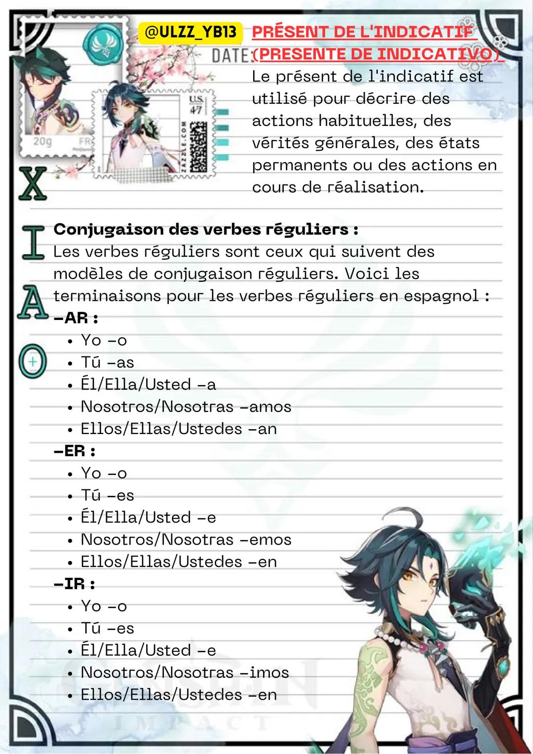 20g
FR
X
I
@ULZZ_YB13 PRÉSENT DE L'INDICATIF
ZAZZLE.COM
US
47
DATE (PRESENTE DE INDICATIVO
Le présent de l'indicatif est
utilisé pour décrir