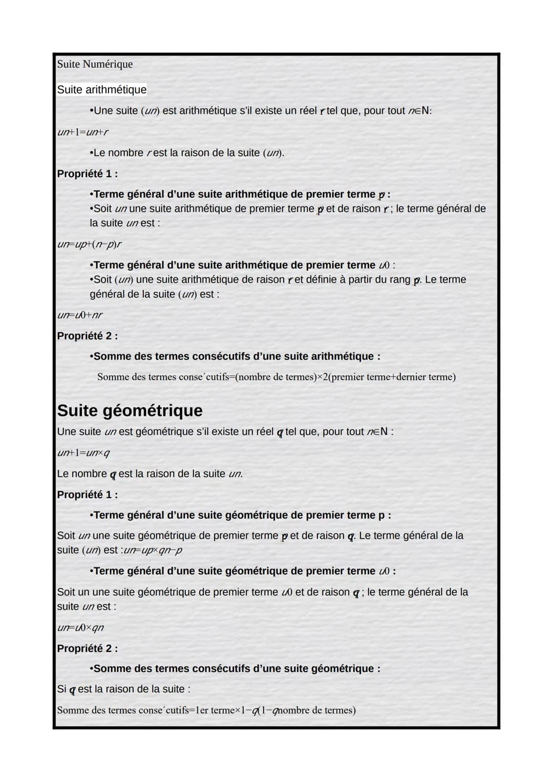 Suite Numérique
Suite arithmétique
•Une suite (un) est arithmétique s'il existe un réel rtel que, pour tout EN:
un+1=un+r
Le nombre rest la 