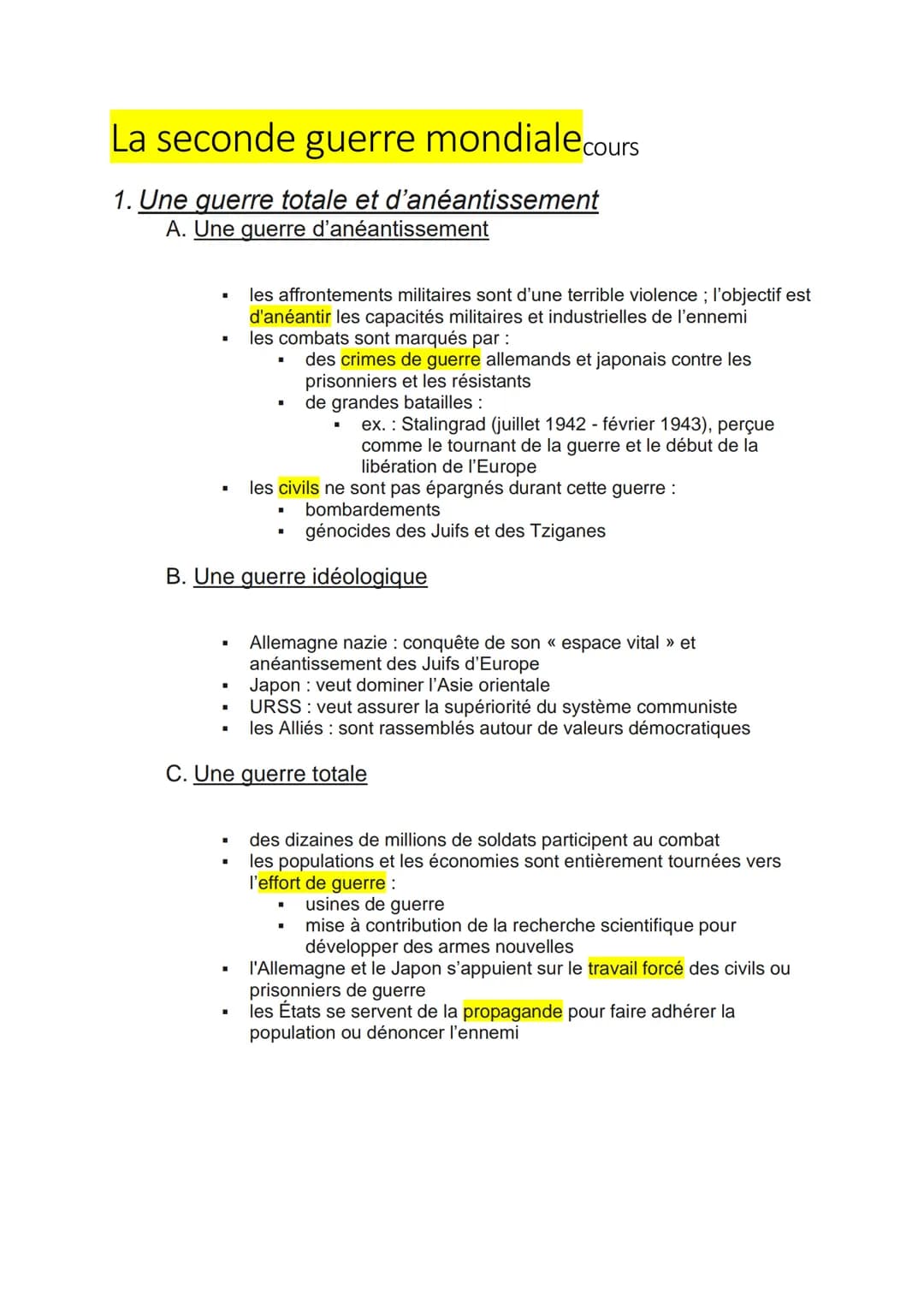 La seconde guerre mondialecours
1. Une querre totale et d'anéantissement
A. Une guerre d'anéantissement
I
I
I
les affrontements militaires s