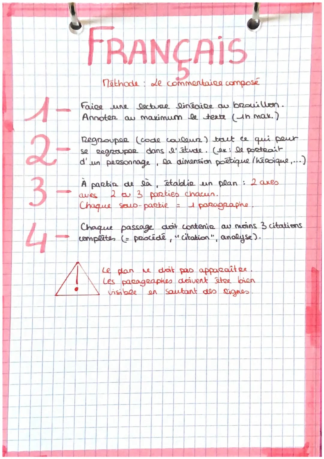 7-
2-
3
4
FRANÇAIS
Methode: Le commentaire composé
Faire une
lecture linéaire ou brouillon.
Annoter au maximum le texte (in max.)
Regrouper 