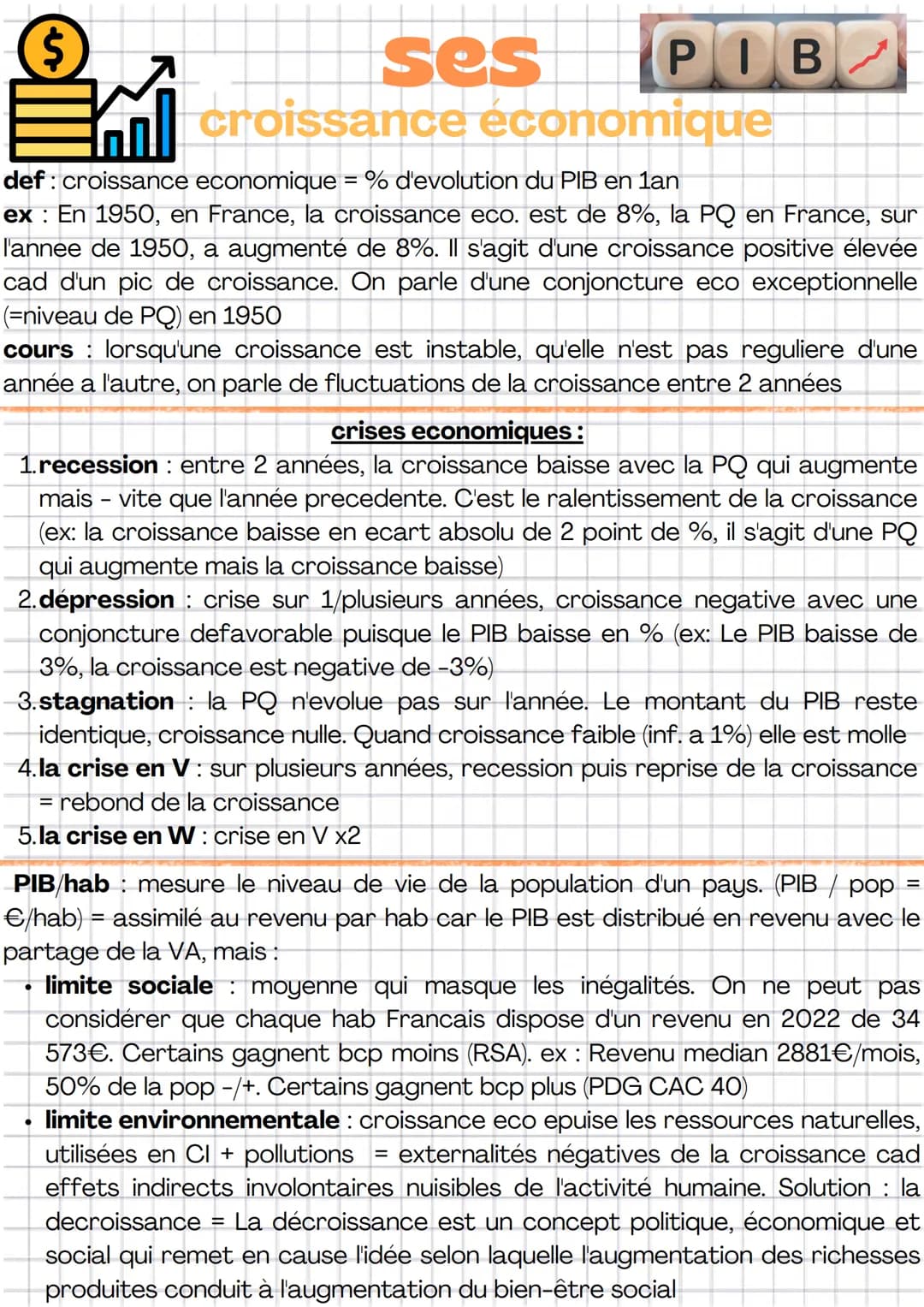 ses
PIB
croissance économique
def: croissance economique = % d'evolution du PIB en 1an
ex : En 1950, en France, la croissance eco. est de 8%