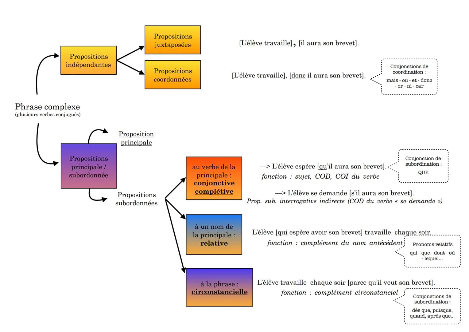 Propositions
indépendantes
Phrase complexe
(plusieurs verbes conjugués)
Propositions
principale /
subordonnée
Propositions
juxtaposées
Propo