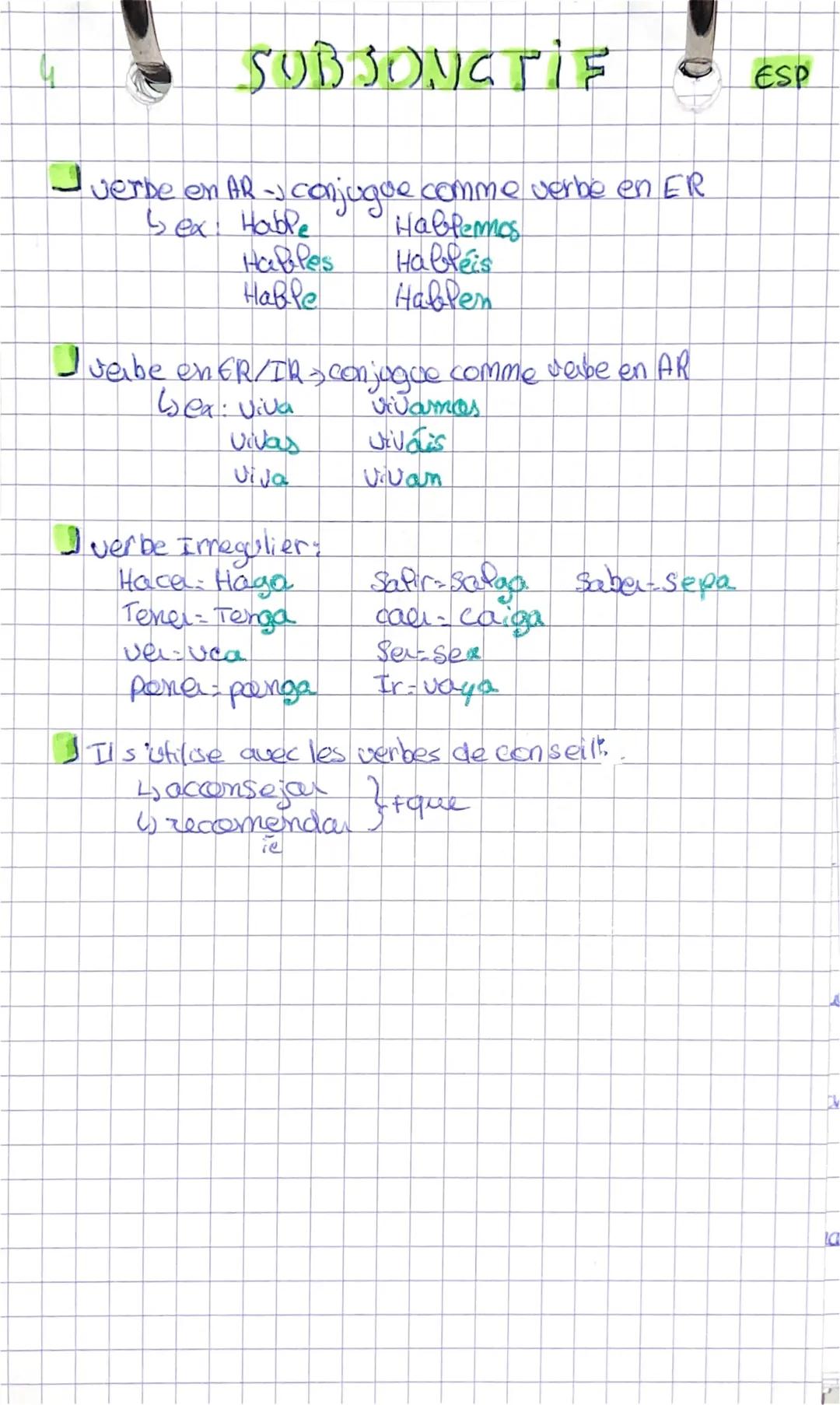 SUBJONCTIE
-verbe en AR - conjugue comme verbe en ER
Sex Hable
Hablemos
Halleis
Hablen
Happes
Hable
Jeibe en ER/TR> conjugue comme verbe en 