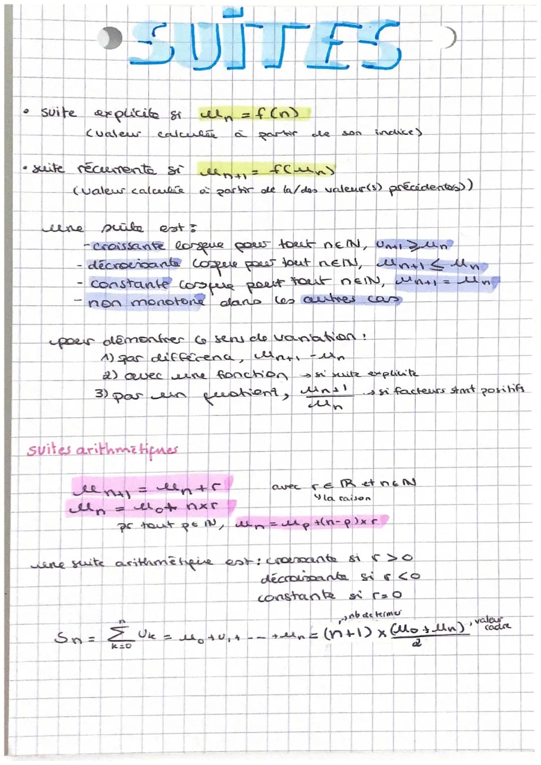 • suite explicite si
cualeu
•SUÏTES
In = f(n)
à partir
عمل
• suite récurrente si
(valeur calcubie
-
calcular
suites arithmetiques
fentl
lln
