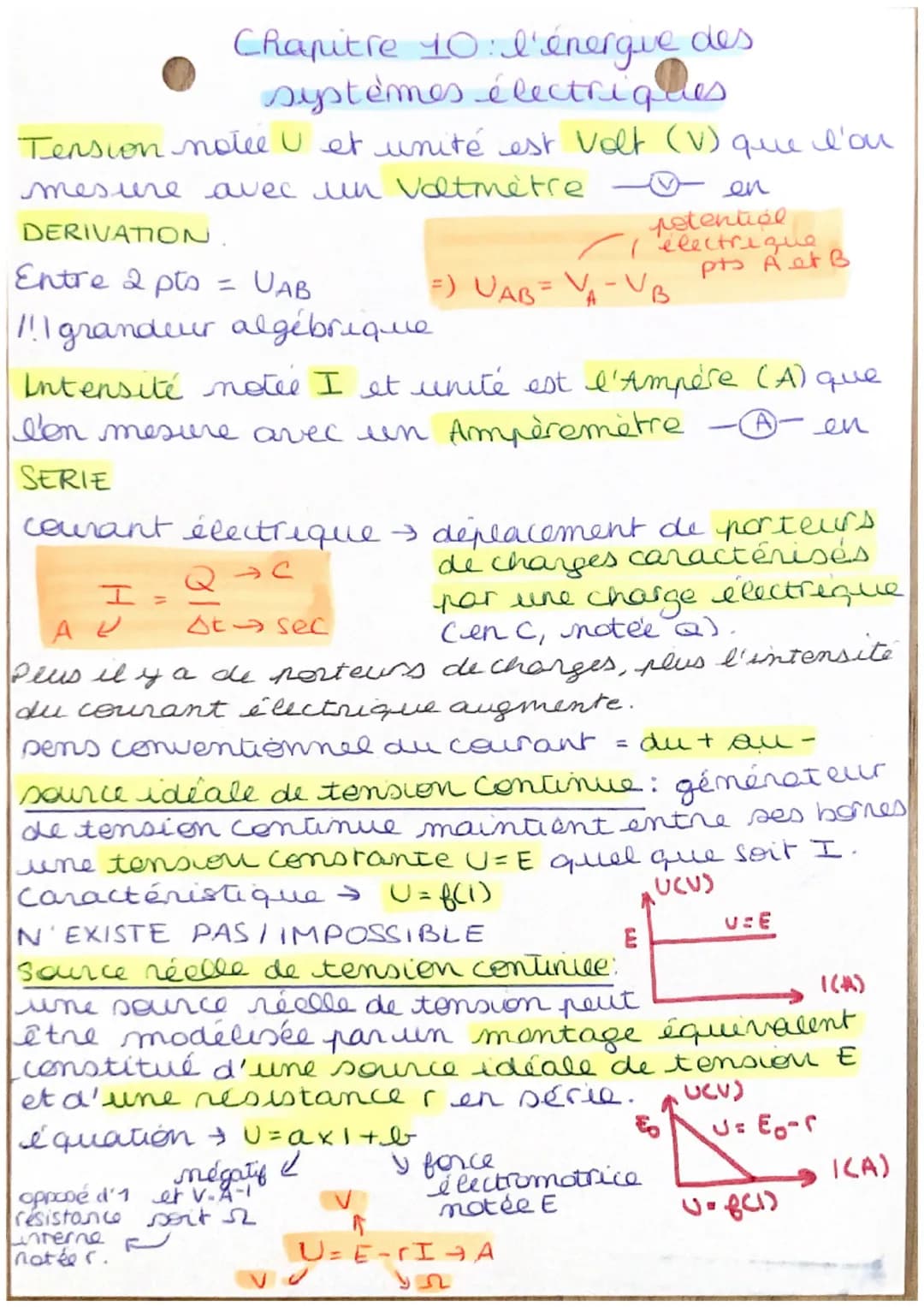 Chapitre 10: l'énergie des
systèmes électriques
Tension notee U et unité est volt (V) que l'on
mesure avec un Voltmetre
DERIVATION.
Entre 2 