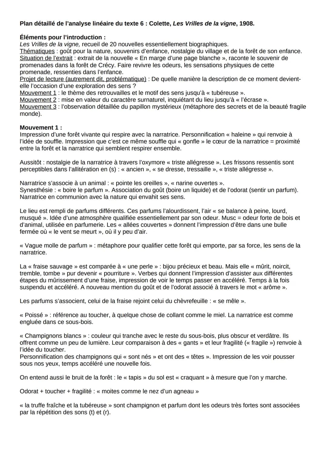 Plan détaillé de l'analyse linéaire du texte 6: Colette, Les Vrilles de la vigne, 1908.
Éléments pour l'introduction :
Les Vrilles de la vig
