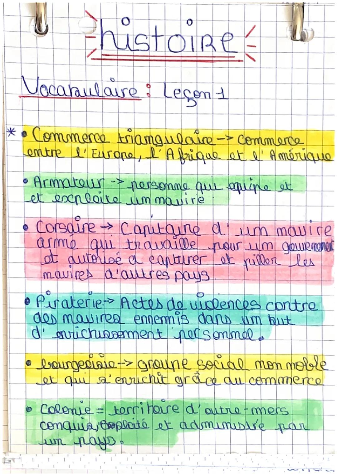 histoire
Vocabulaire : Lesen 1
5
-
* • Commerce triangulaire -> Commerce
entre l'Eurone, I'A frique et l''Amérique
• Armateur -> personne qu