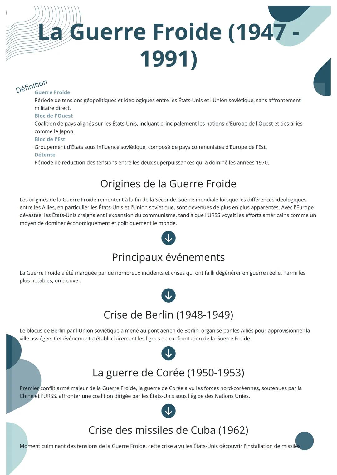 # La Guerre Froide (1947 -

# Définition

Guerre Froide

1991)

Période de tensions géopolitiques et idéologiques entre les États-Unis et l'