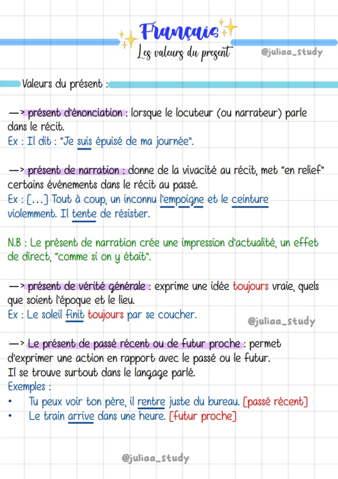 Français
Les valeurs du present @juliaa_study
Valeurs du présent
-> présent d'énonciation : lorsque le locuteur (ou narrateur) parle
dans le
