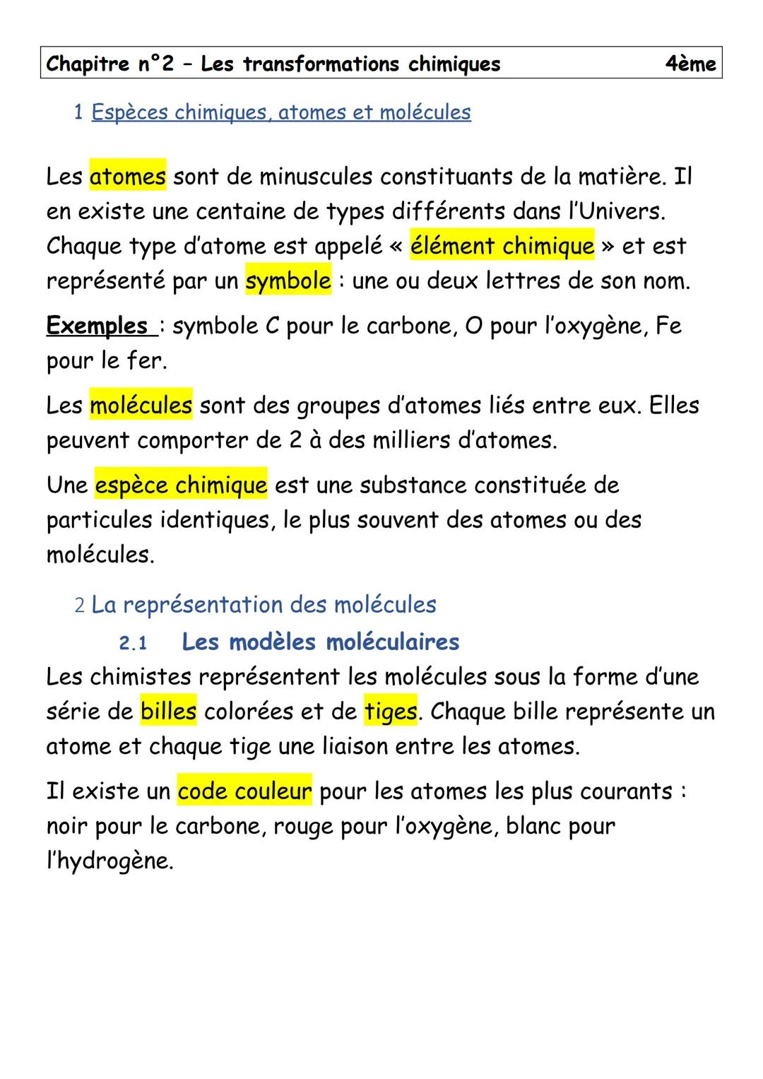 Chapitre n°2 - Les transformations chimiques
1 Espèces chimiques, atomes et molécules
4ème
Les atomes sont de minuscules constituants de la 