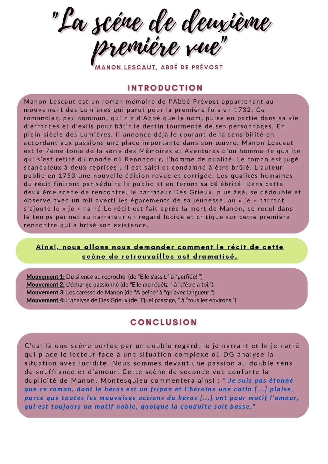 Analyse Linéaire de la Rencontre et la Mort de Manon Lescaut