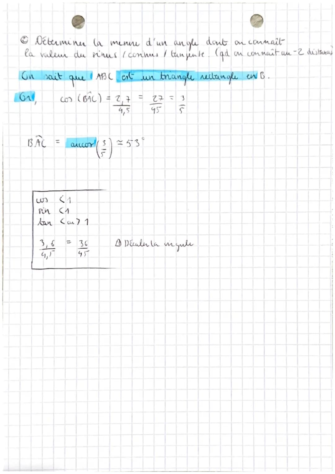 MATHS
Chap. 5
строк
C
A
I
I
Notions
hypotenuse
6
adjacent
cos (ABC) = Adjacent
Hypotenuse
AB =
Donce,
cos
TRIGONOMETRIE
Calculer une distanc