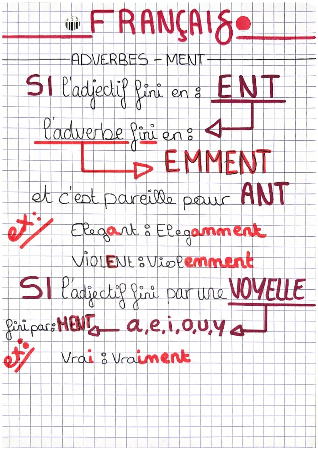 • FRANÇAISO
-ADVERBES - MENT
en & ENT
SI l'adjectif fint
l'adverbe finien: 4
DEMMENT
et c'est pareille pour ANT
et Elegant & Elegamment
VIOL