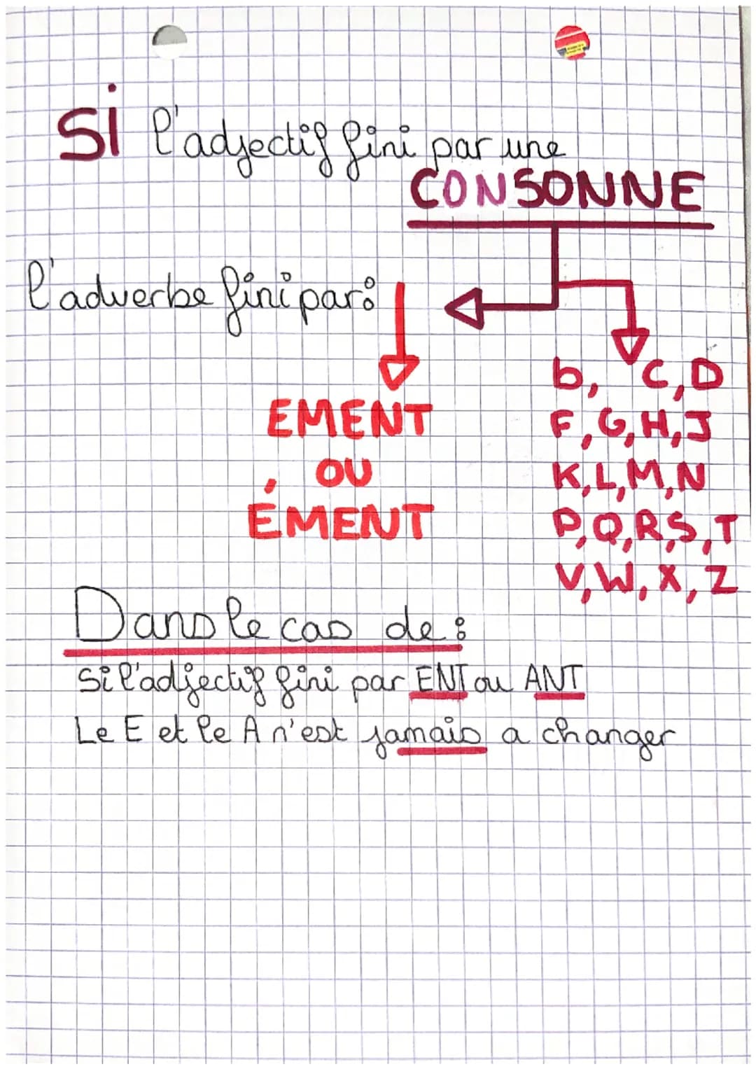 • FRANÇAISO
-ADVERBES - MENT
en & ENT
SI l'adjectif fint
l'adverbe finien: 4
DEMMENT
et c'est pareille pour ANT
et Elegant & Elegamment
VIOL