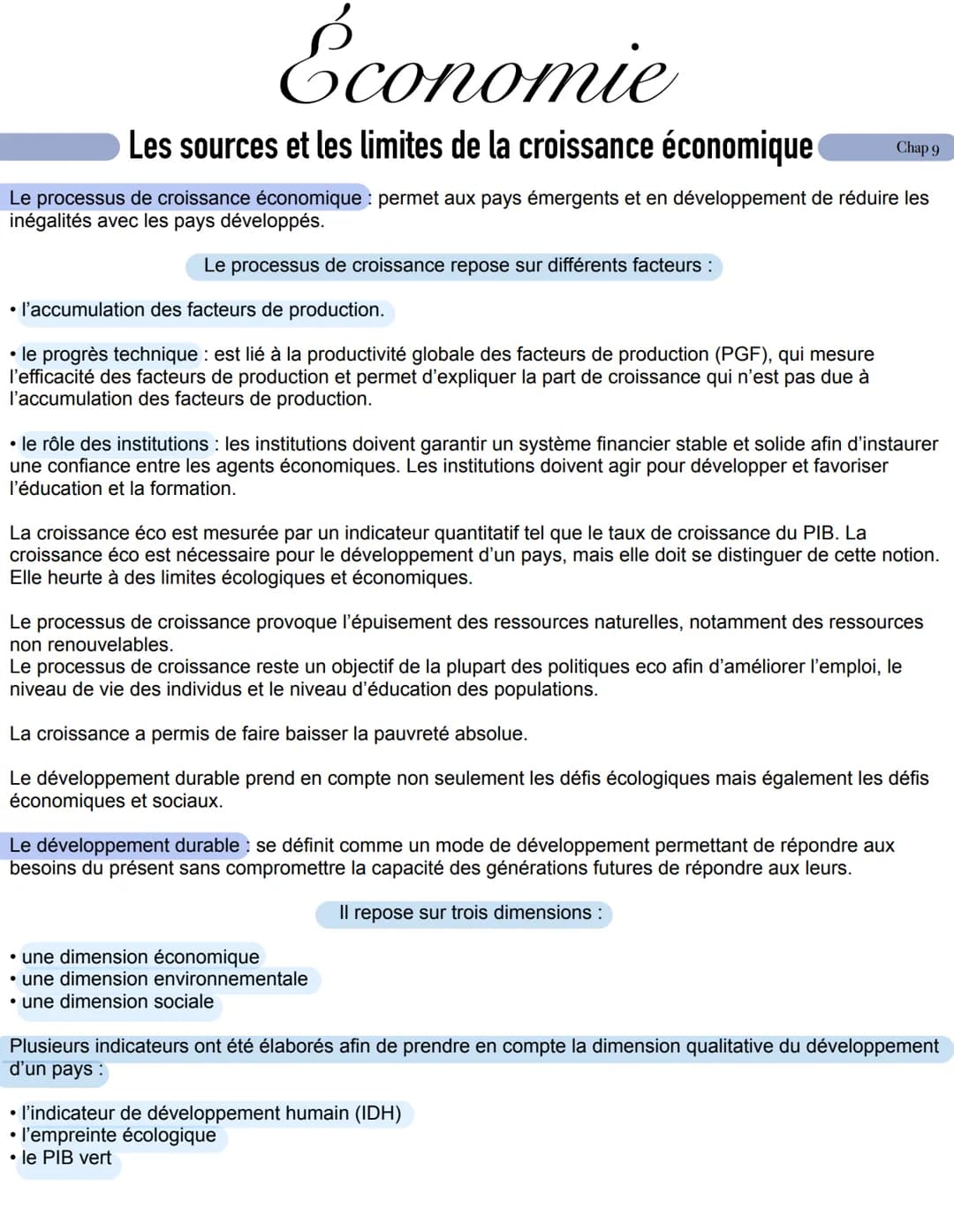 Économie
Les sources et les limites de la croissance économique
Le processus de croissance économique : permet aux pays émergents et en déve