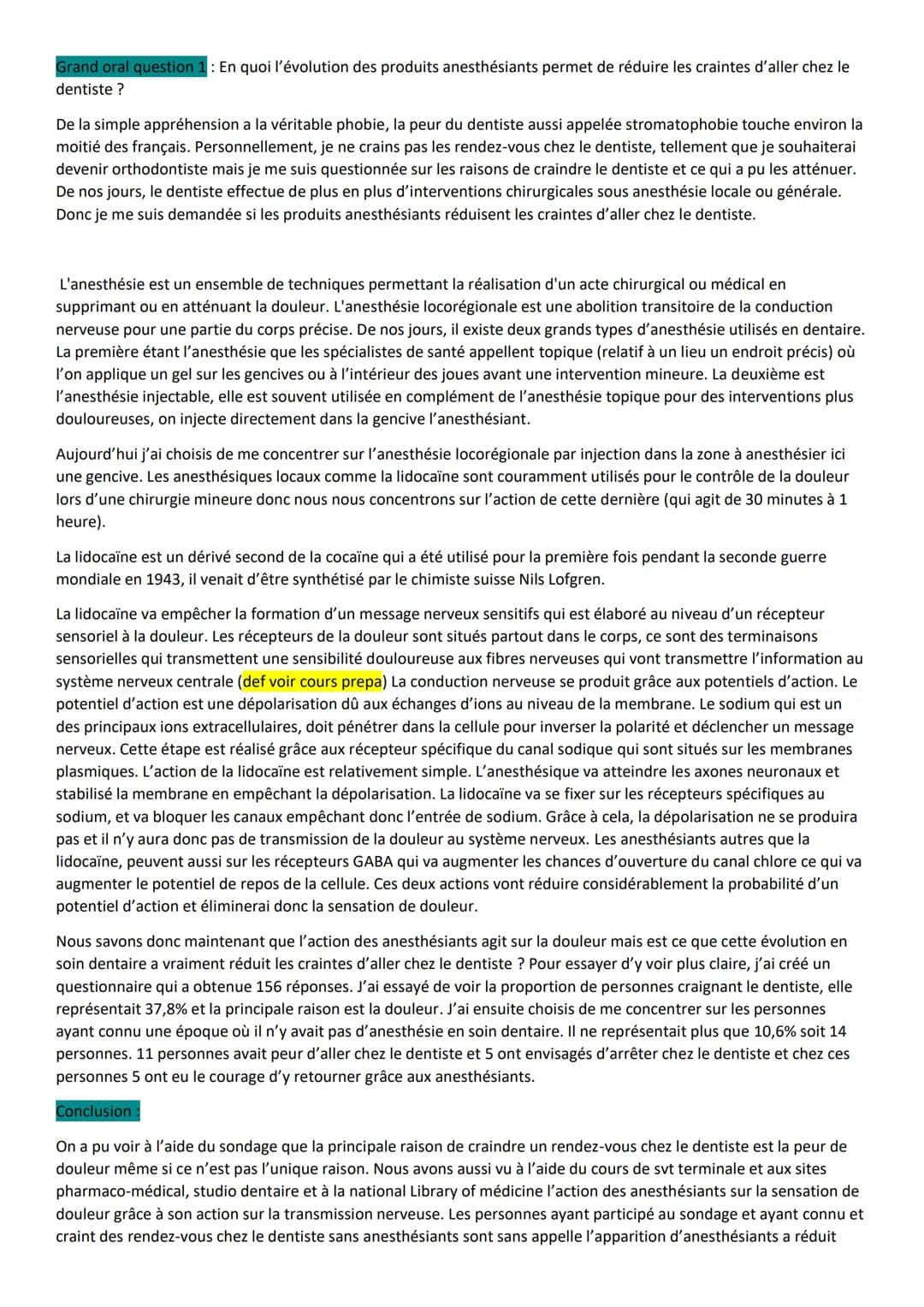 Grand oral question 1: En quoi l'évolution des produits anesthésiants permet de réduire les craintes d'aller chez le
dentiste ?
De la simple