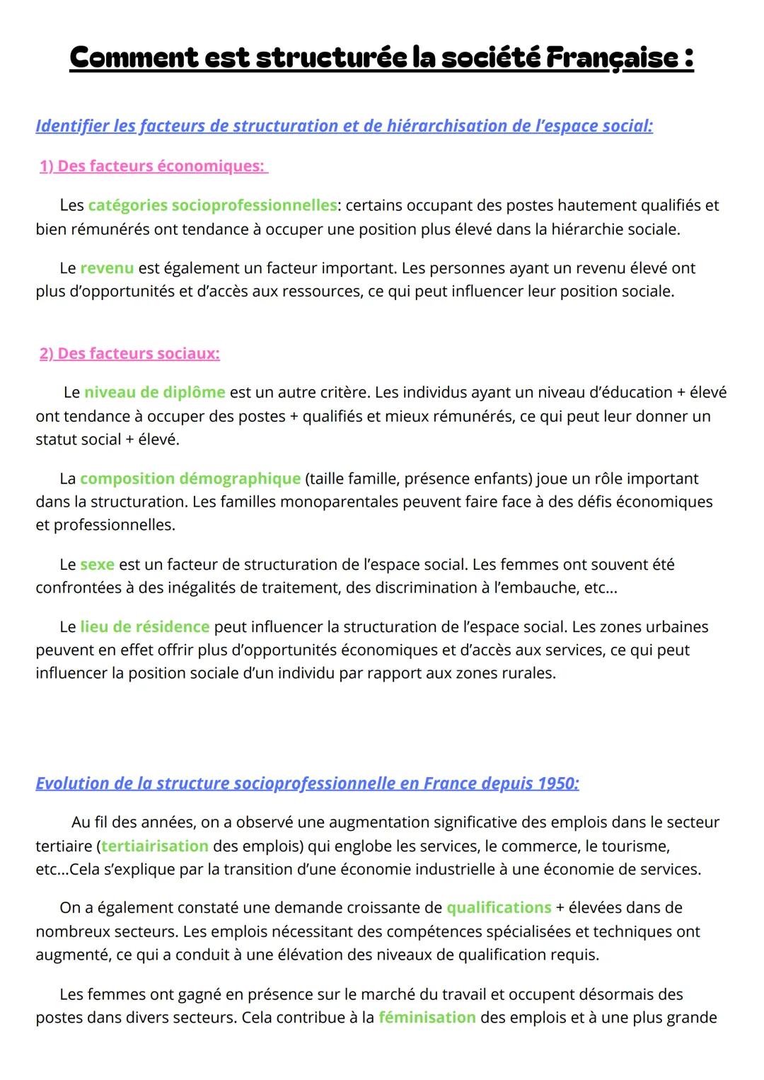 Comment est structurée la société Française :
Identifier les facteurs de structuration et de hiérarchisation de l'espace social:
1) Des fact