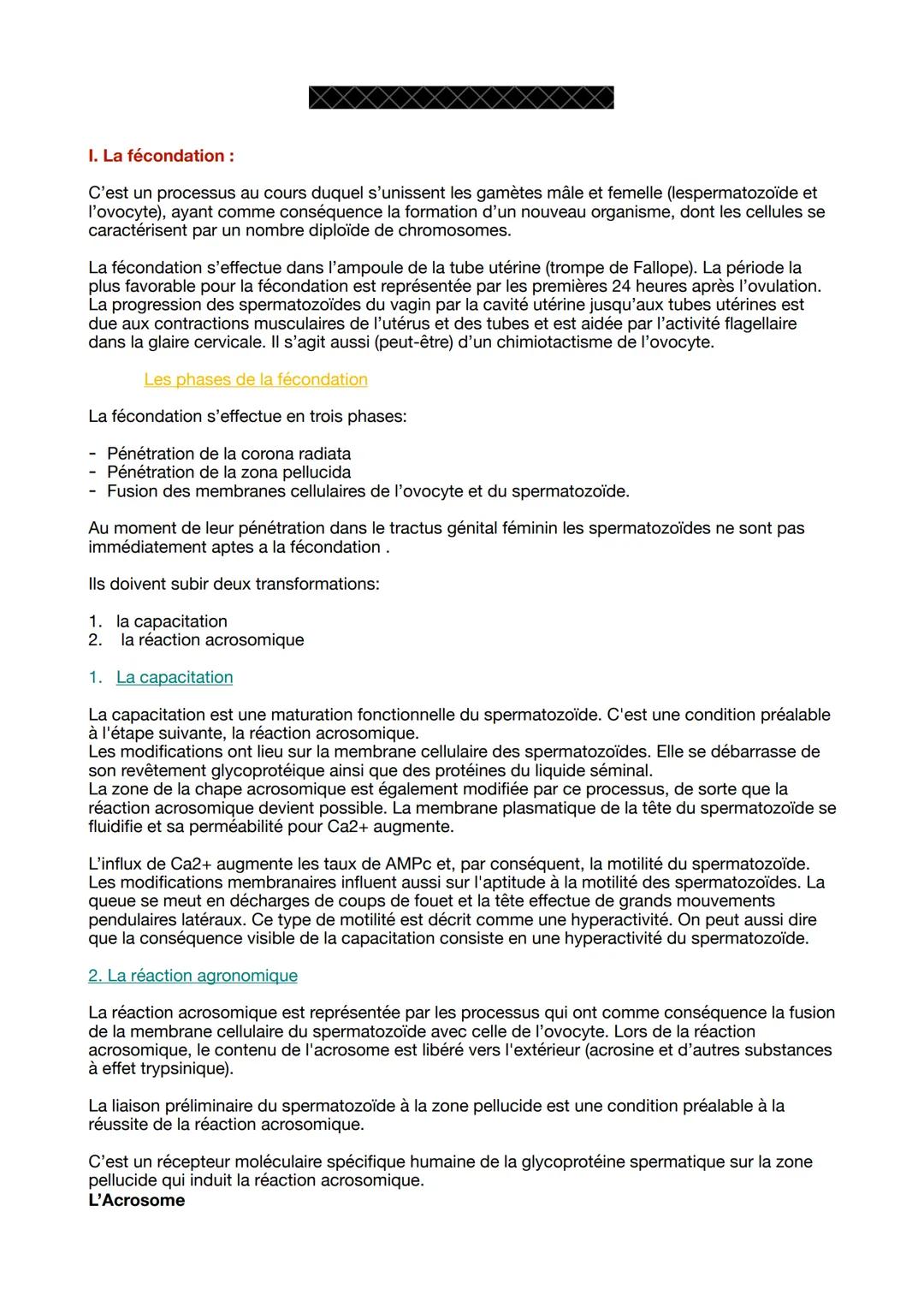 I. La fécondation :
C'est un processus au cours duquel s'unissent les gamètes mâle et femelle (lespermatozoïde et
l'ovocyte), ayant comme co