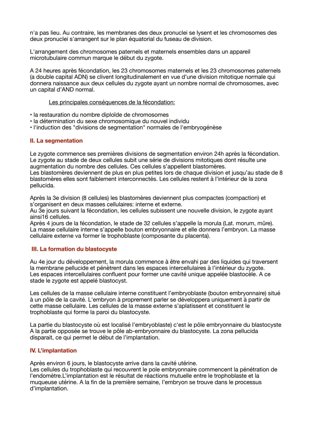 I. La fécondation :
C'est un processus au cours duquel s'unissent les gamètes mâle et femelle (lespermatozoïde et
l'ovocyte), ayant comme co