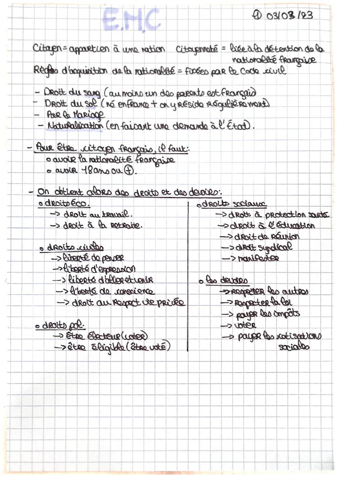 E.M.C

03/03/23

Citayjen appourtien à une nation Citoyenneté = liée à la détention de la
nationalité française
Règles d'acquisition de la r
