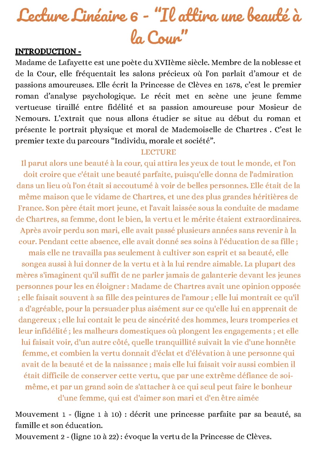 Lecture Linéaire : "Il parut une beauté à la Cour" de Madame de Lafayette