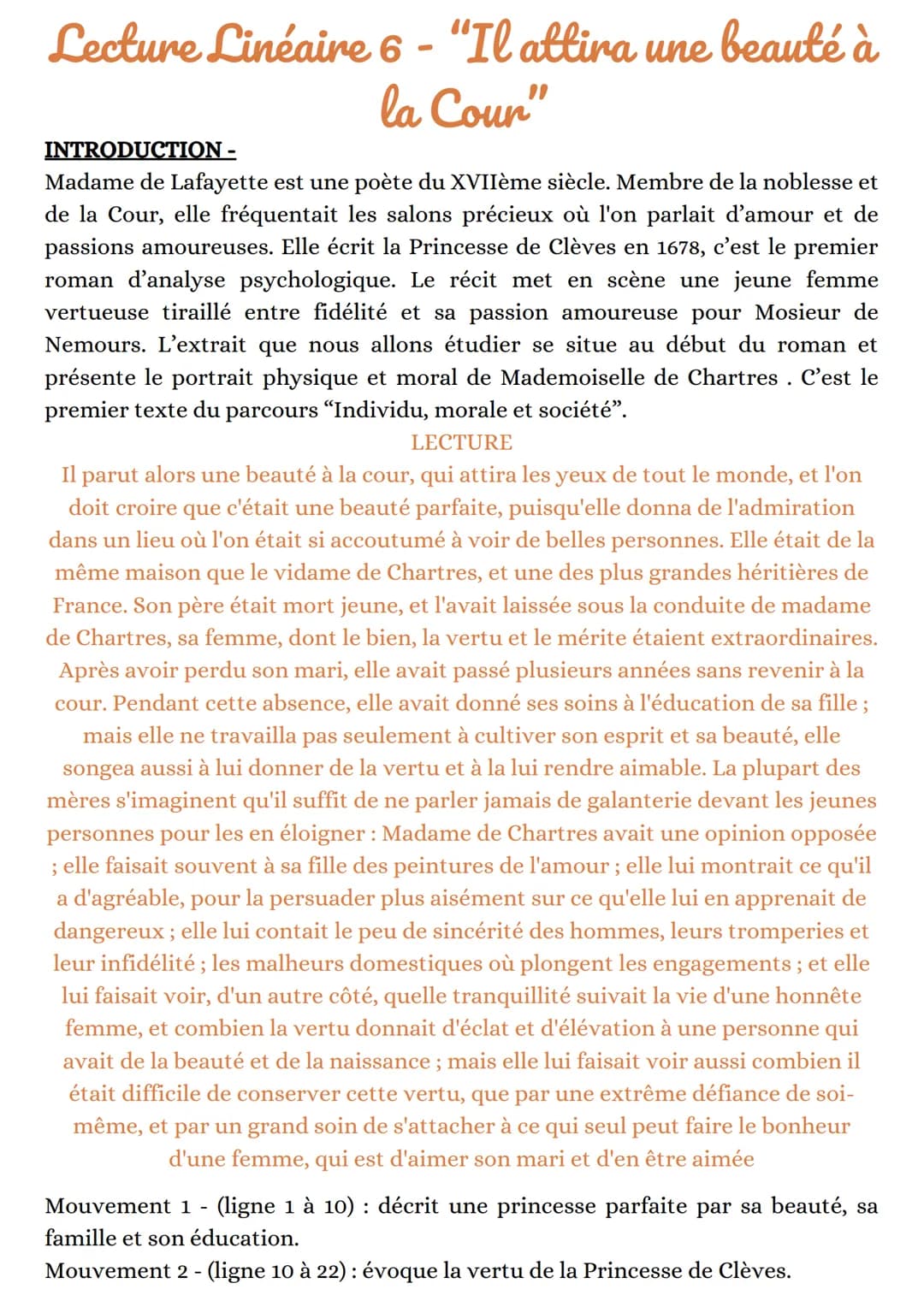 Lecture Linéaire 6 - "Il attira une beauté à
la Cour"
INTRODUCTION -
Madame de Lafayette est une poète du XVIIème siècle. Membre de la noble