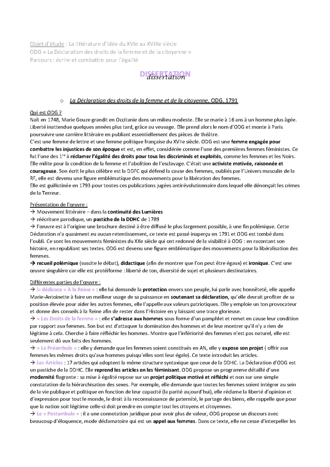 Déclaration des droits de la femme et de la citoyenne : résumés et analyses pour tous