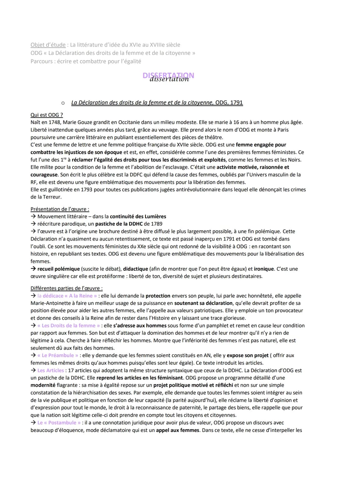 Objet d'étude: La littérature d'idée du XVIe au XVIIIe siècle
ODG << La Déclaration des droits de la femme et de la citoyenne >>
Parcours : 