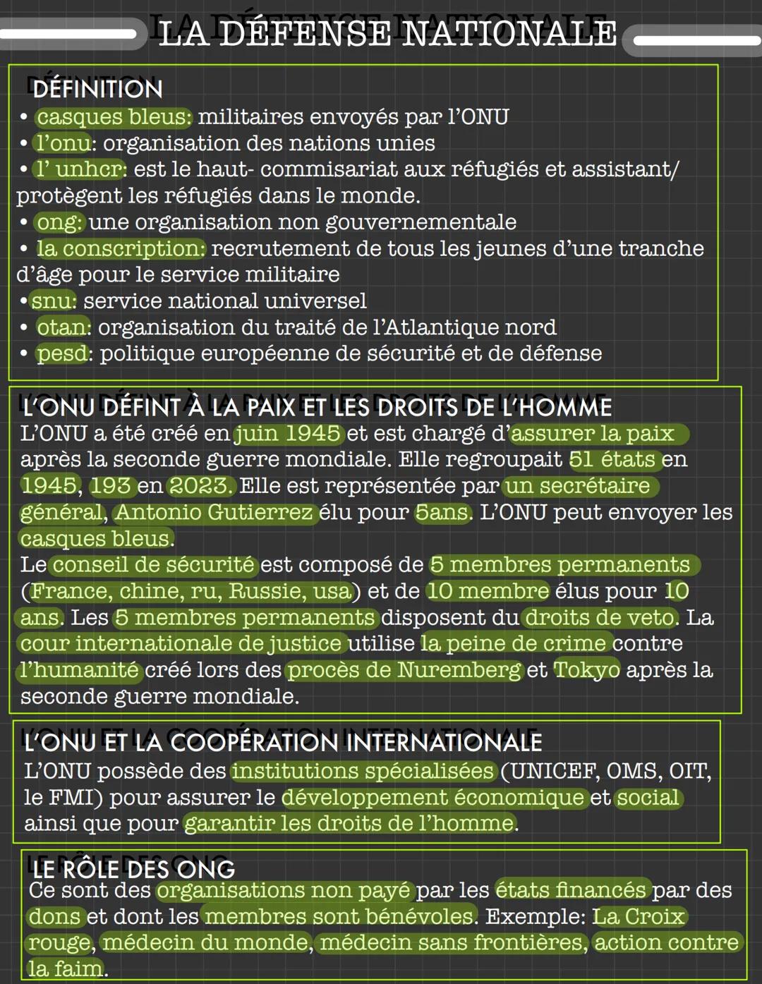 # LA DÉFENSE NATIONALE

## DÉFINITION

*   casques bleus: militaires envoyés par l'ONU
*   l'onu: organisation des nations unies
*   1' unhc