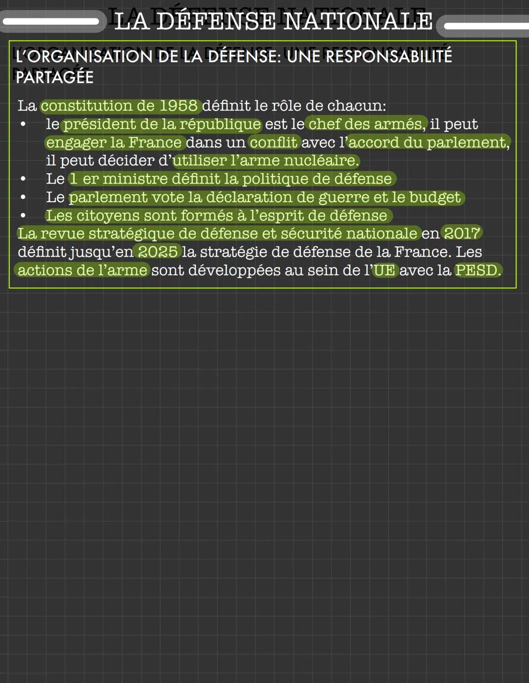 # LA DÉFENSE NATIONALE

## DÉFINITION

*   casques bleus: militaires envoyés par l'ONU
*   l'onu: organisation des nations unies
*   1' unhc