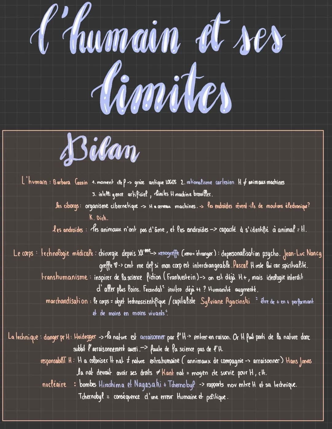 l'humain et ses
limites
Bilan
L'humain : Barbara Cassin 1. moment cle P-> grèce antique LOGOS 2. rationalisme cartesien H & animaux machines