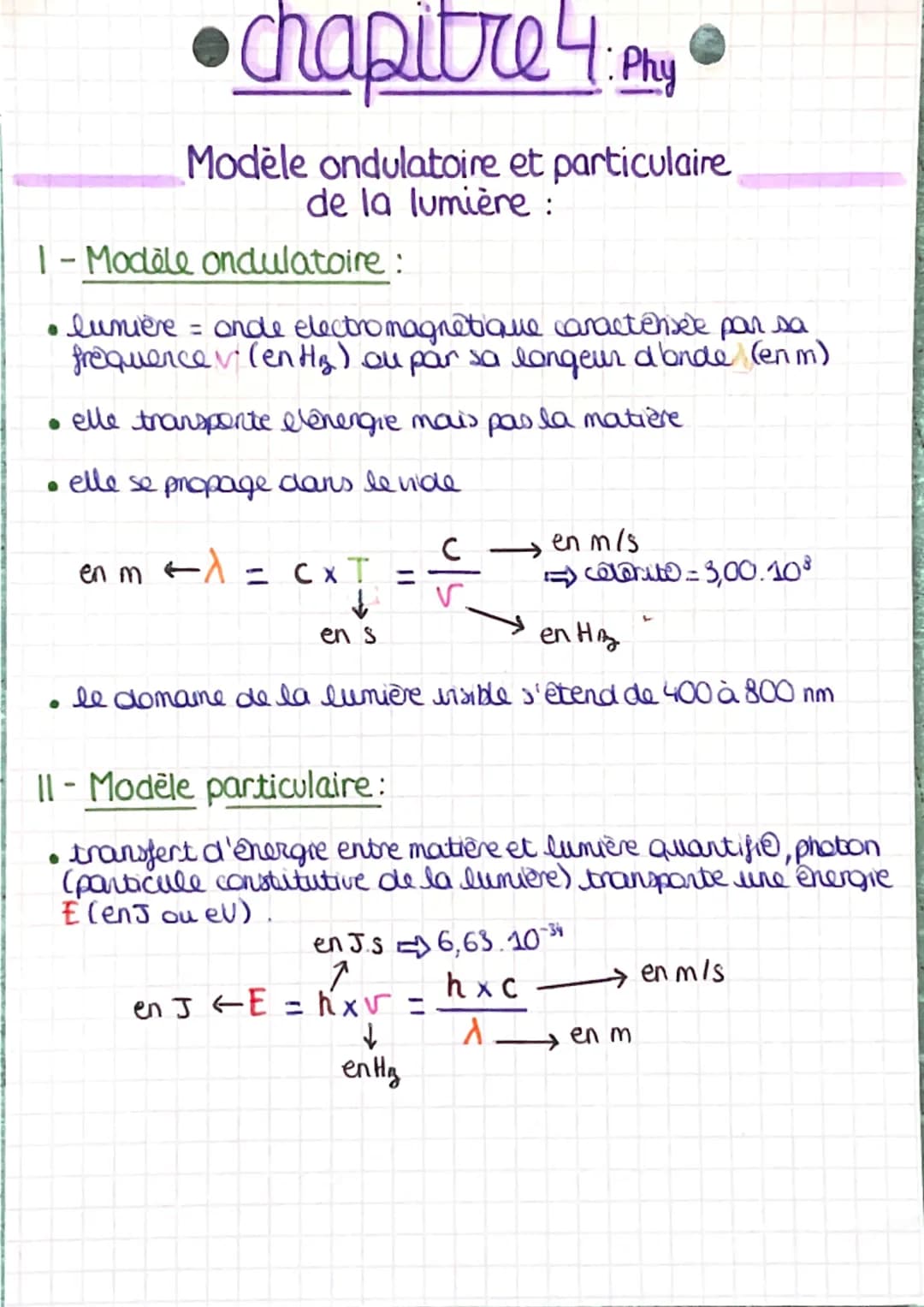 • chapitre 4: Phy@
Modèle ondulatoire et particulaire
de la lumière :
1-Modèle ondulatoire :
• lumière = onde electromagnétique caractérisée