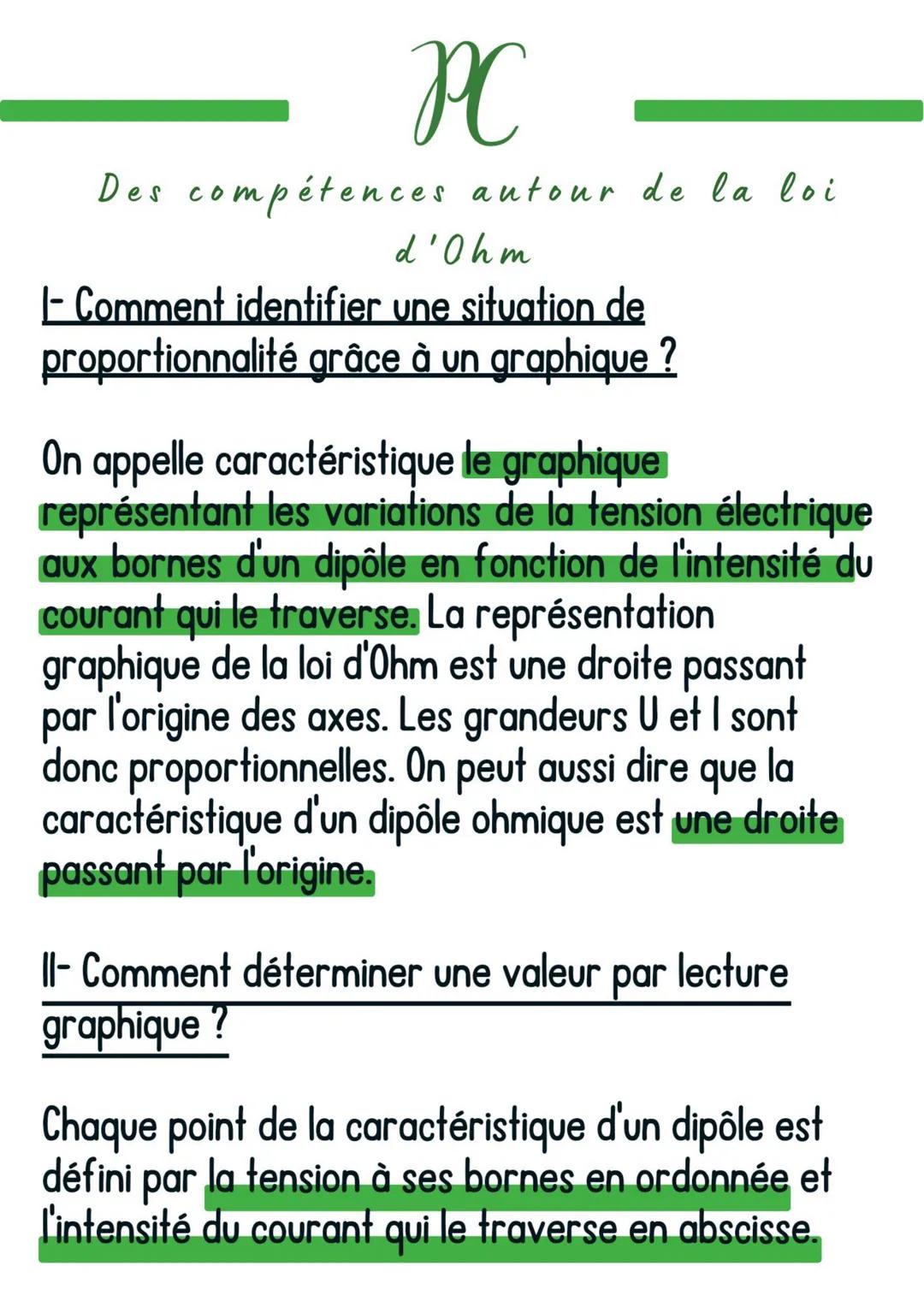 PC
Des compétences autour de la loi
d'Ohm
1- Comment identifier une situation de
proportionnalité grâce à un graphique ?
On appelle caractér