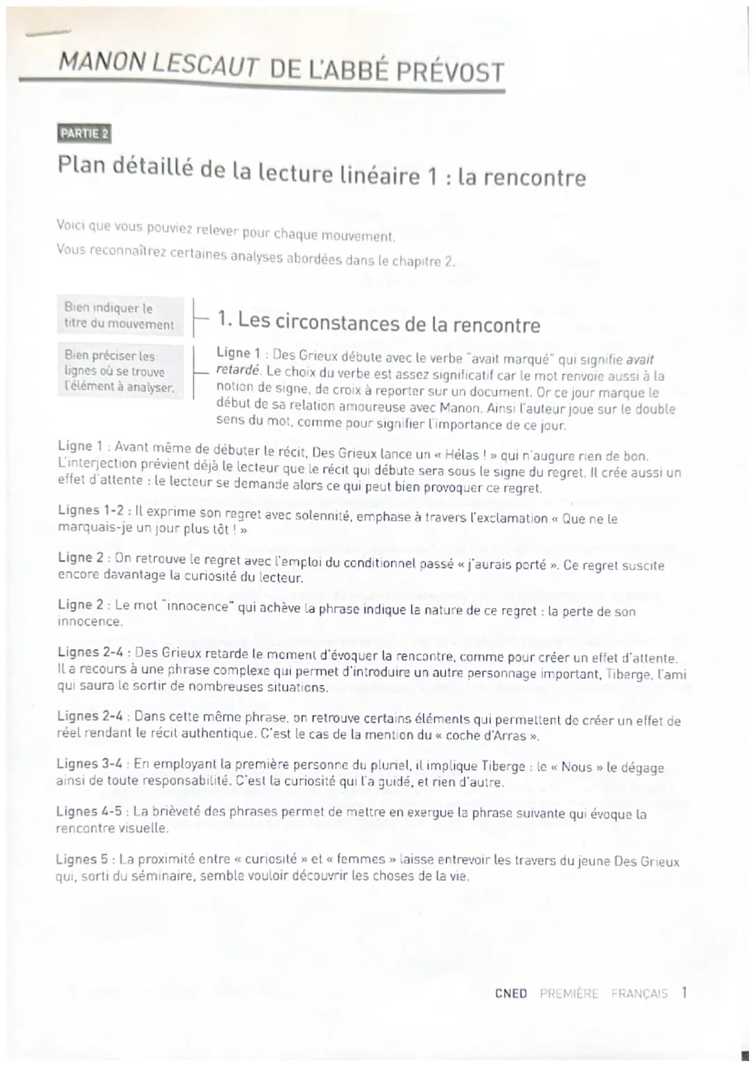 MANON LESCAUT DE L'ABBÉ PRÉVOST
PARTIE 2
Plan détaillé de la lecture linéaire 1: la rencontre
Voici que vous pouviez relever pour chaque mou