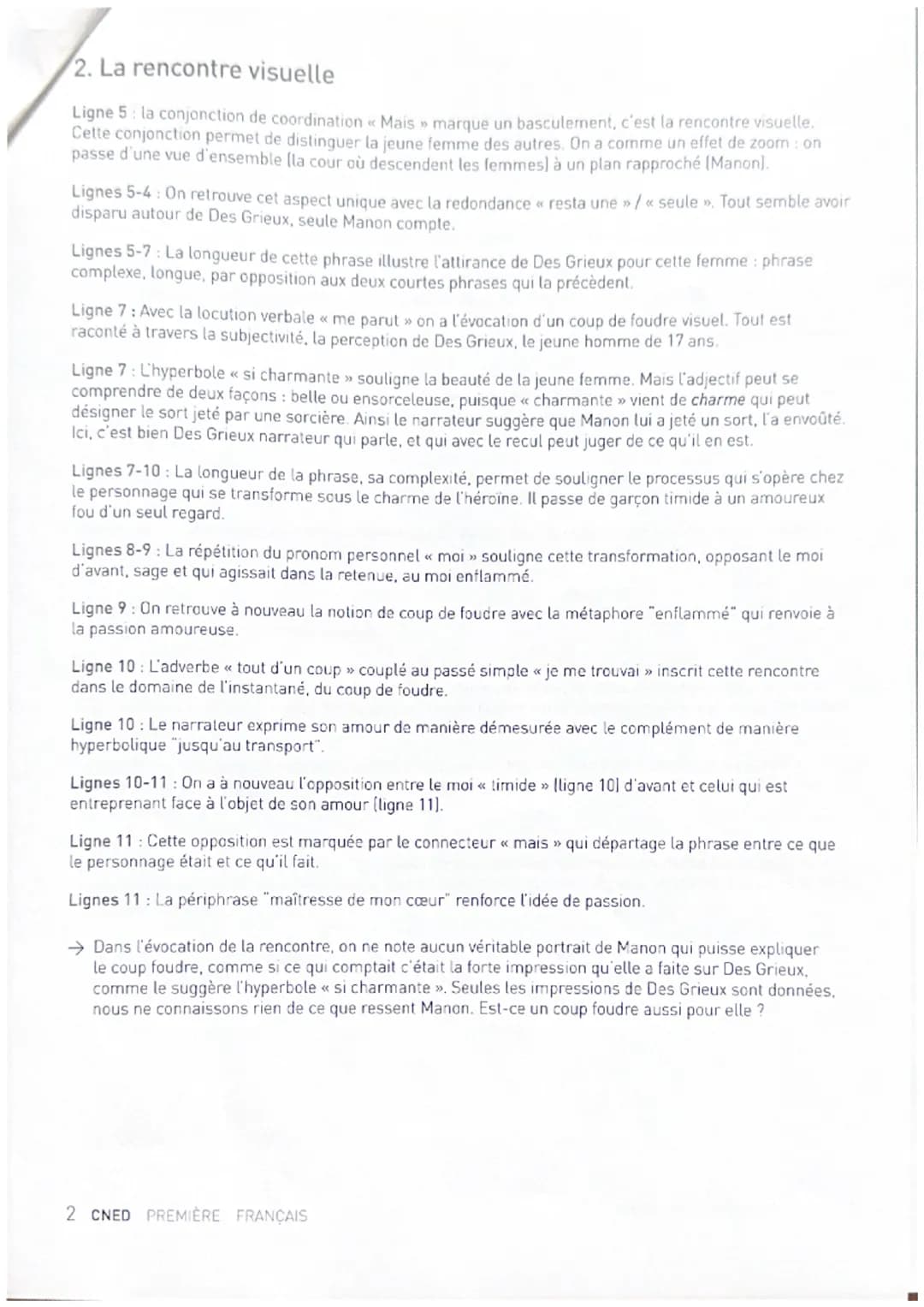 MANON LESCAUT DE L'ABBÉ PRÉVOST
PARTIE 2
Plan détaillé de la lecture linéaire 1: la rencontre
Voici que vous pouviez relever pour chaque mou