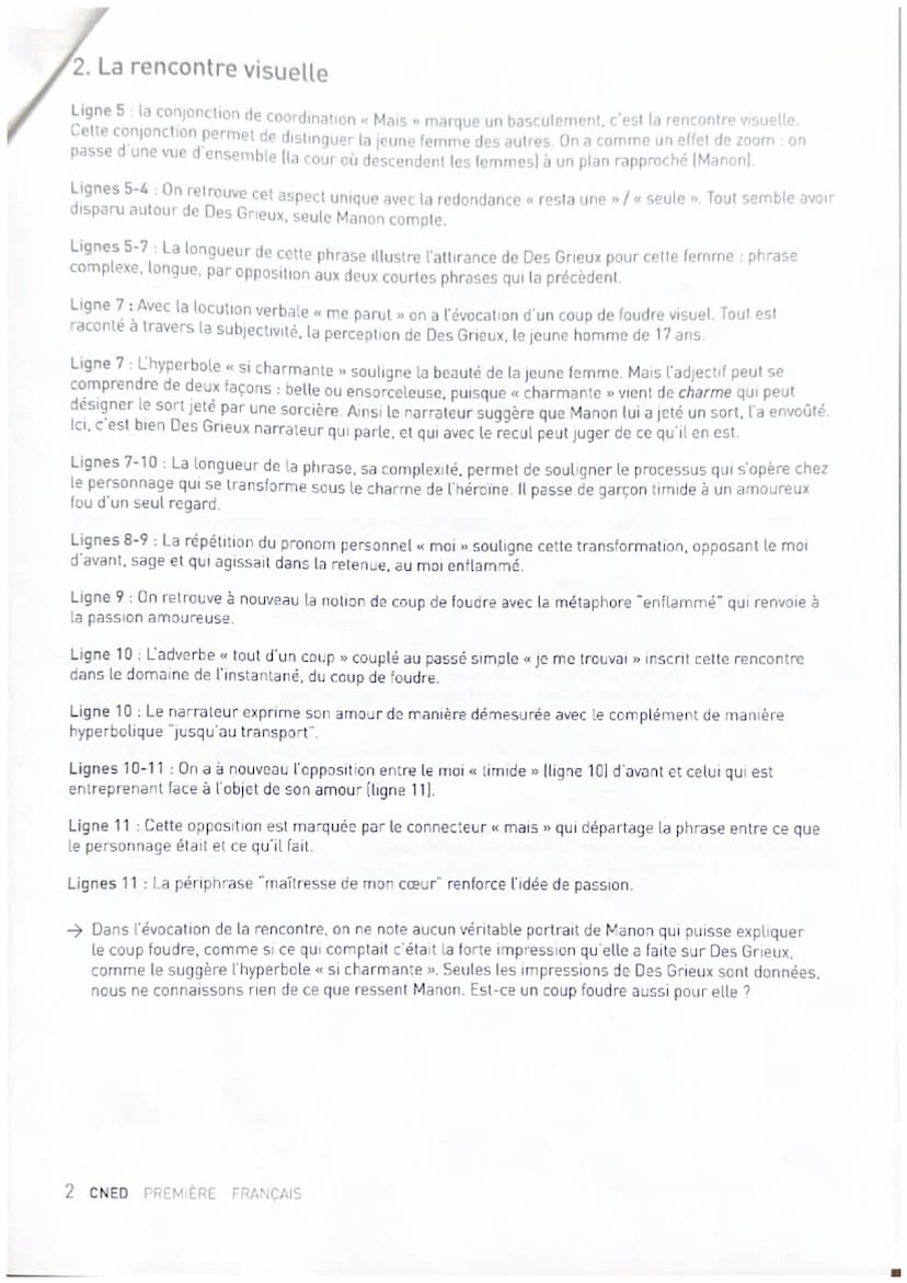 MANON LESCAUT DE L'ABBÉ PRÉVOST
PARTIE 2
Plan détaillé de la lecture linéaire 1: la rencontre
Voici que vous pouviez relever pour chaque mou