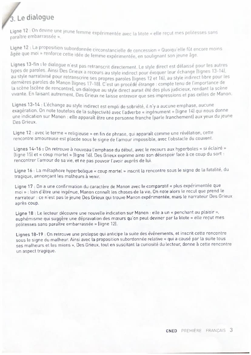 MANON LESCAUT DE L'ABBÉ PRÉVOST
PARTIE 2
Plan détaillé de la lecture linéaire 1: la rencontre
Voici que vous pouviez relever pour chaque mou