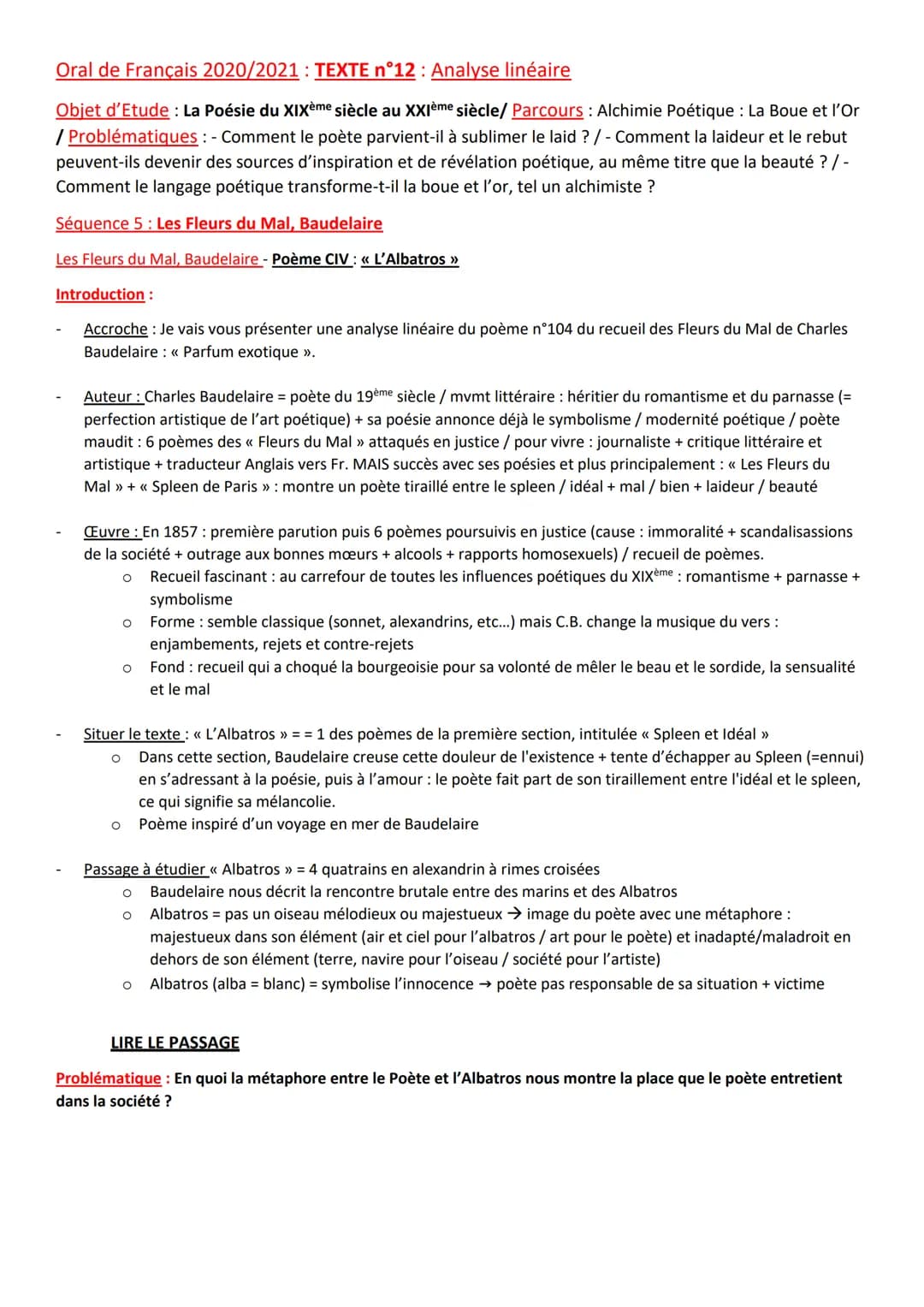 Oral de Français 2020/2021: TEXTE n°12: Analyse linéaire
Objet d'Etude: La Poésie du XIXème siècle au XXIème siècle/ Parcours : Alchimie Poé