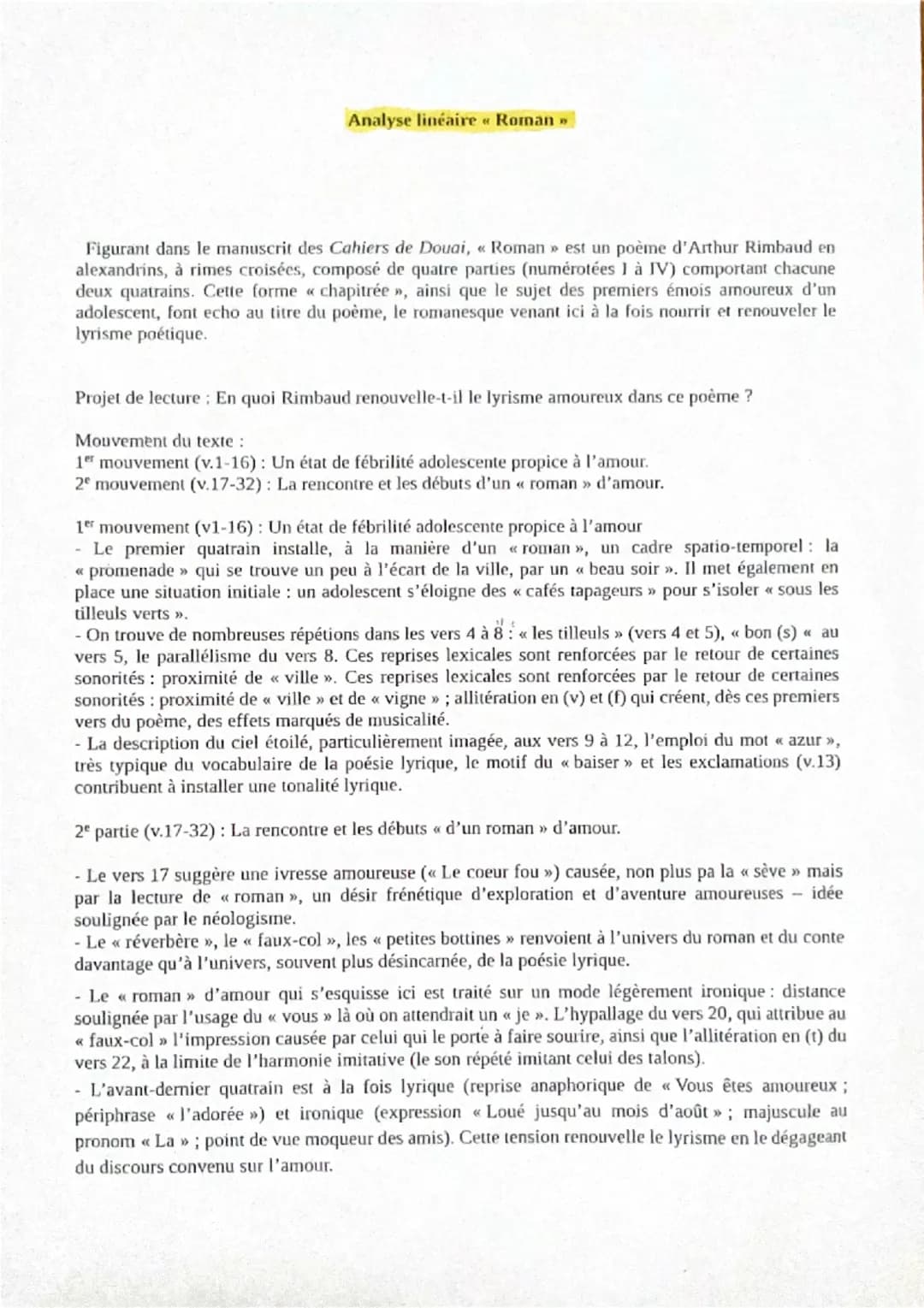Analyse linéaire « Roman »
Figurant dans le manuscrit des Cahiers de Douai, « Roman » est un poème d'Arthur Rimbaud en
alexandrins, à rimes 