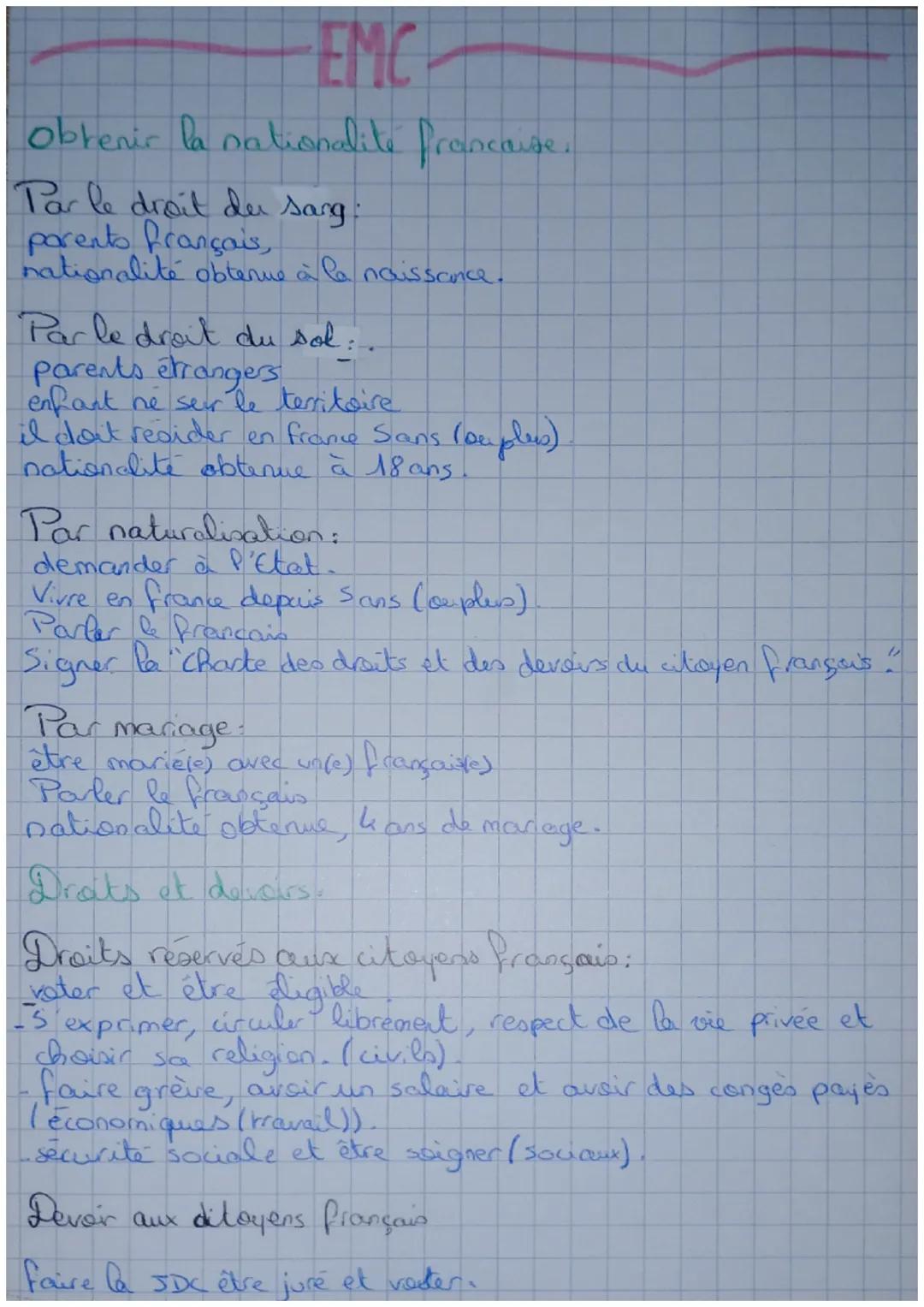 EMC

Obtenir la nationalité francaise.

Par le droit de sang:
parento français,
nationalité obtenue à la naissance.

Par le droit du sol..
p
